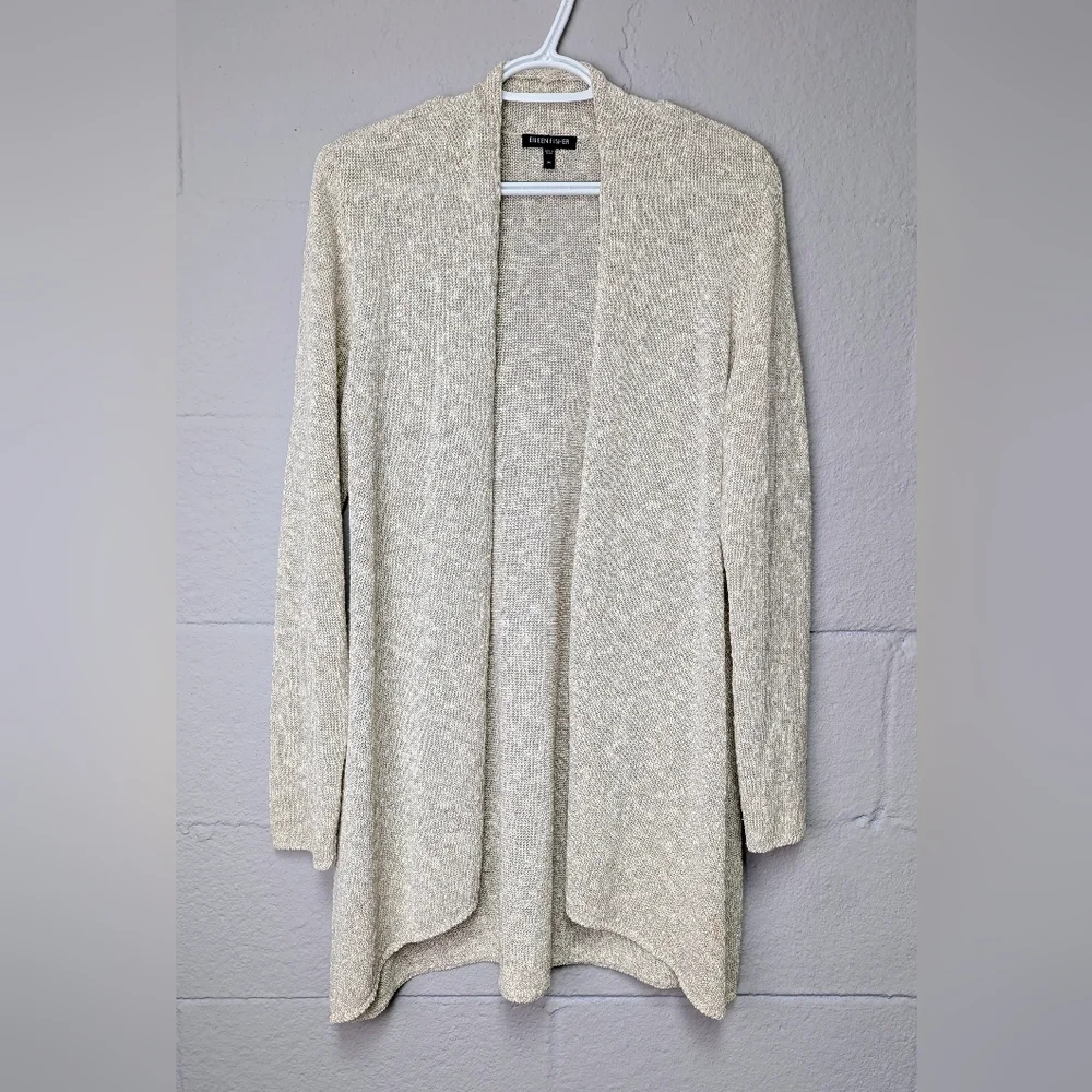 Eileen Fisher Linen Blend Loose Knit Open Cardigan Size M Heathered Beige - Picture 4 of 9